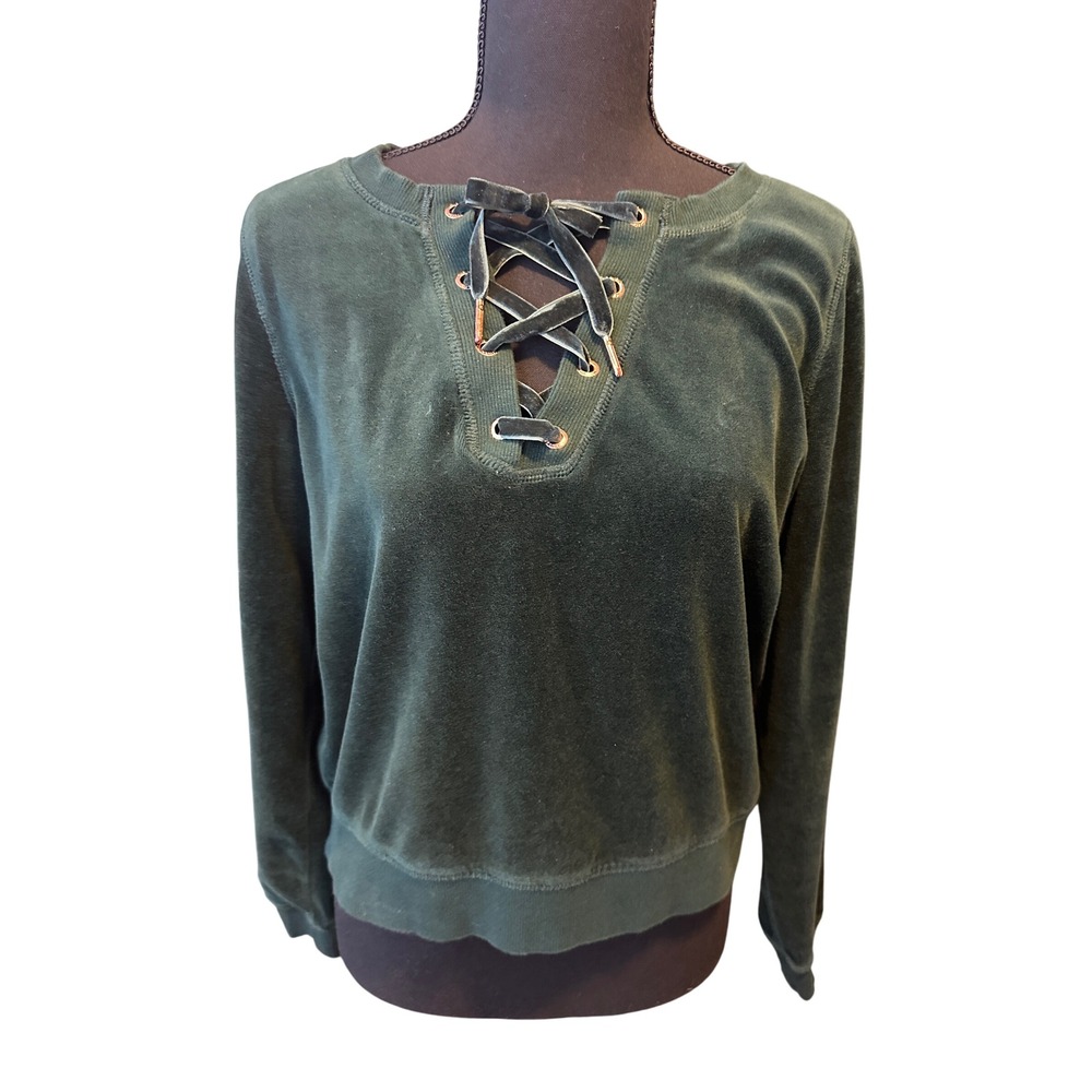 Betsey Johnson Velour Lace Up Sweatshirt Green Performance Womens M Christmas - Picture 1 of 13